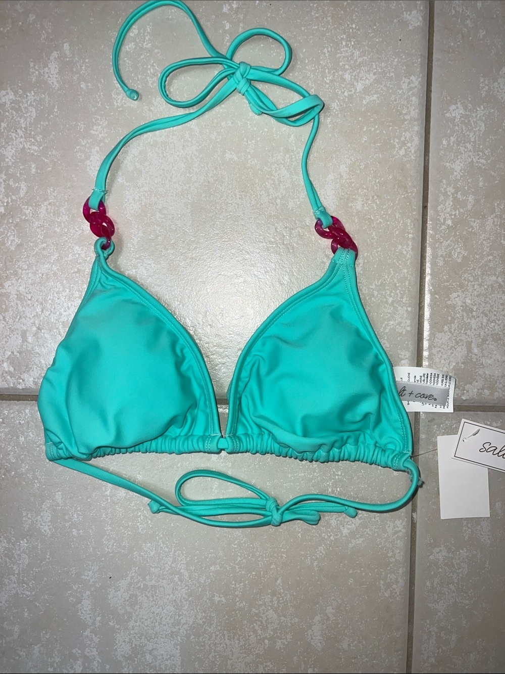 Salt & Cove String Triangle Aqua Green Bikini Top with Pink Plastic Links, Sz. L